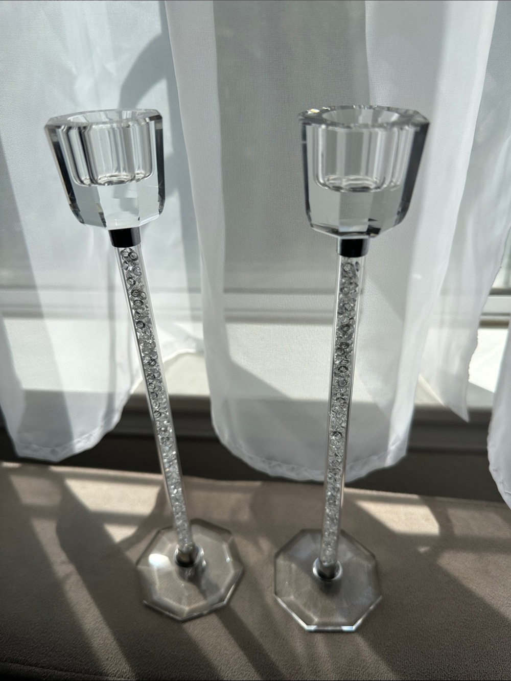 Oleg Cassini Clear Glass Tall Candle Sticks Holders With Crystal Filled Stems